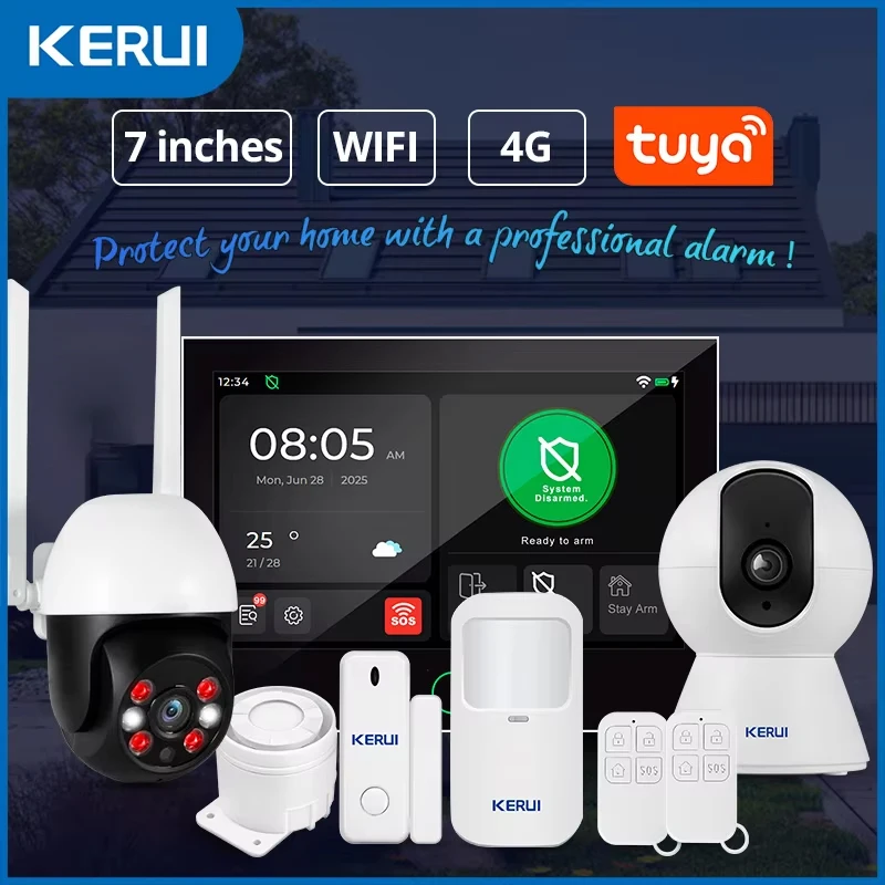 KERUI 7 Inch Touch Screen Smart Home Alarm WiFi 4G Alarm Security System Alexa Google Assistant Works with Tuya  Smart 433mhz