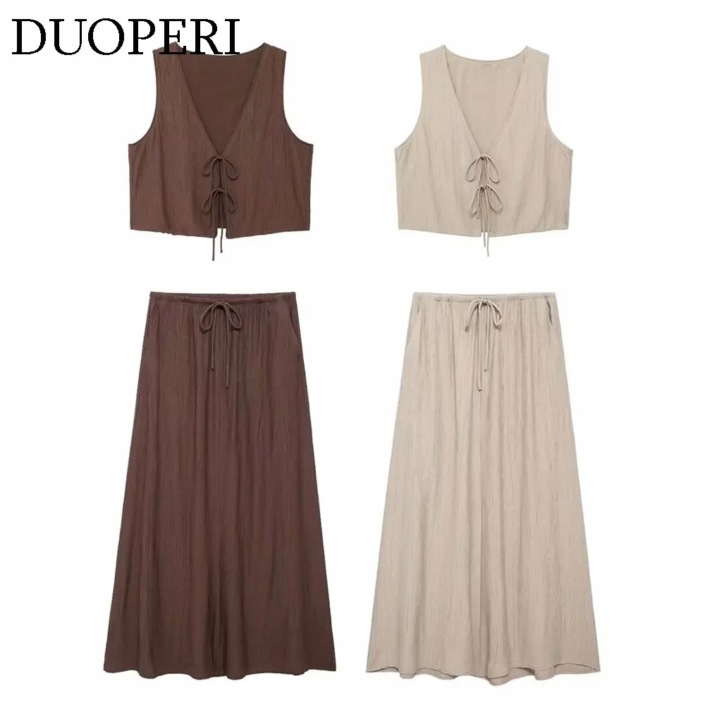 DUOPERI Women Fashion 2 Pieces Sets Solid Lace Up Tops and Midi Skirt Female Chic Lady Casual Streetwear Skirt Coordinates