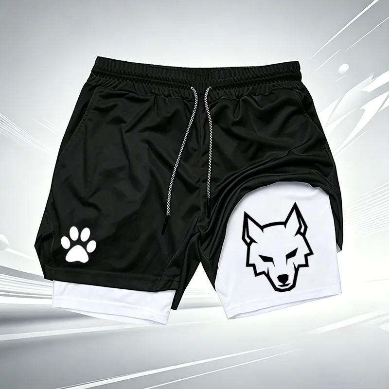 Herren 2-in-1 Schnelltrocknende Sportshorts mit Wolfs-Pfoten-Muster, Kompressionsfutter, für Fitnessstudio, Laufen, Training, Fitness, kurze Hosen W002 – Detail 4