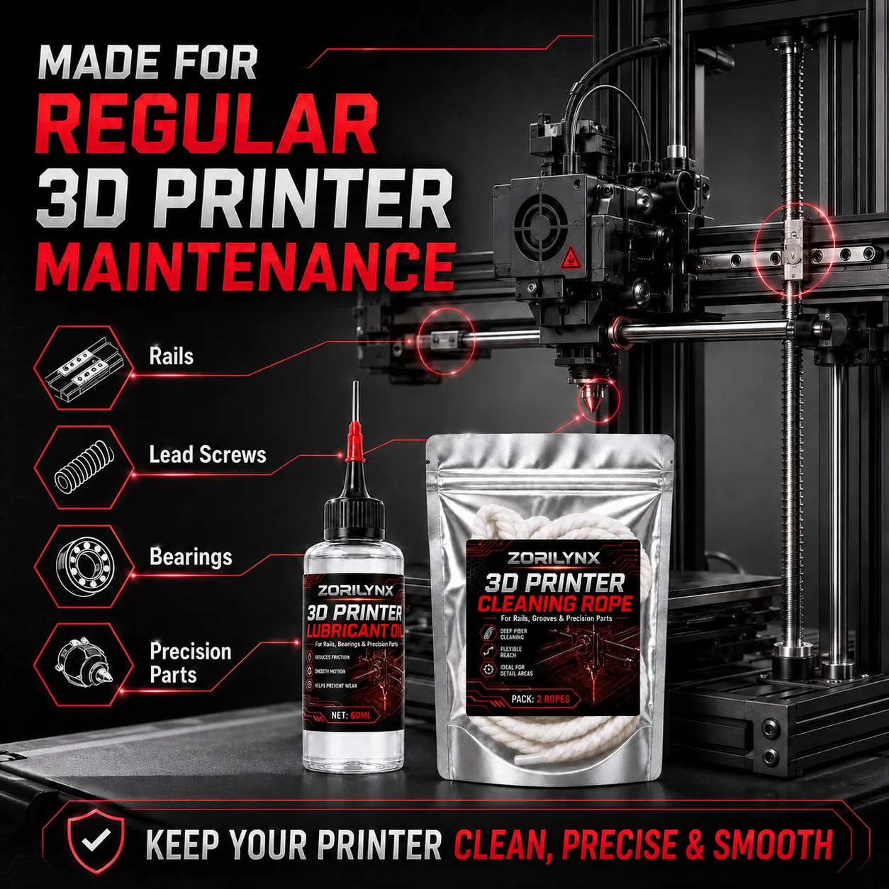 ZORILYNX 3D Printer Oil & Cleaning Rope Kit, 60ML Lubricant for Rails, Bearings, Lead Screws, Grooves and Precision Moving Parts
