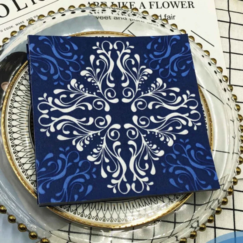 20pcs/Pac Colourful Printed Napkin Blue Flower Creative Square Paper Napkin Wedding Party Restaurant Folding Mouth Cloths