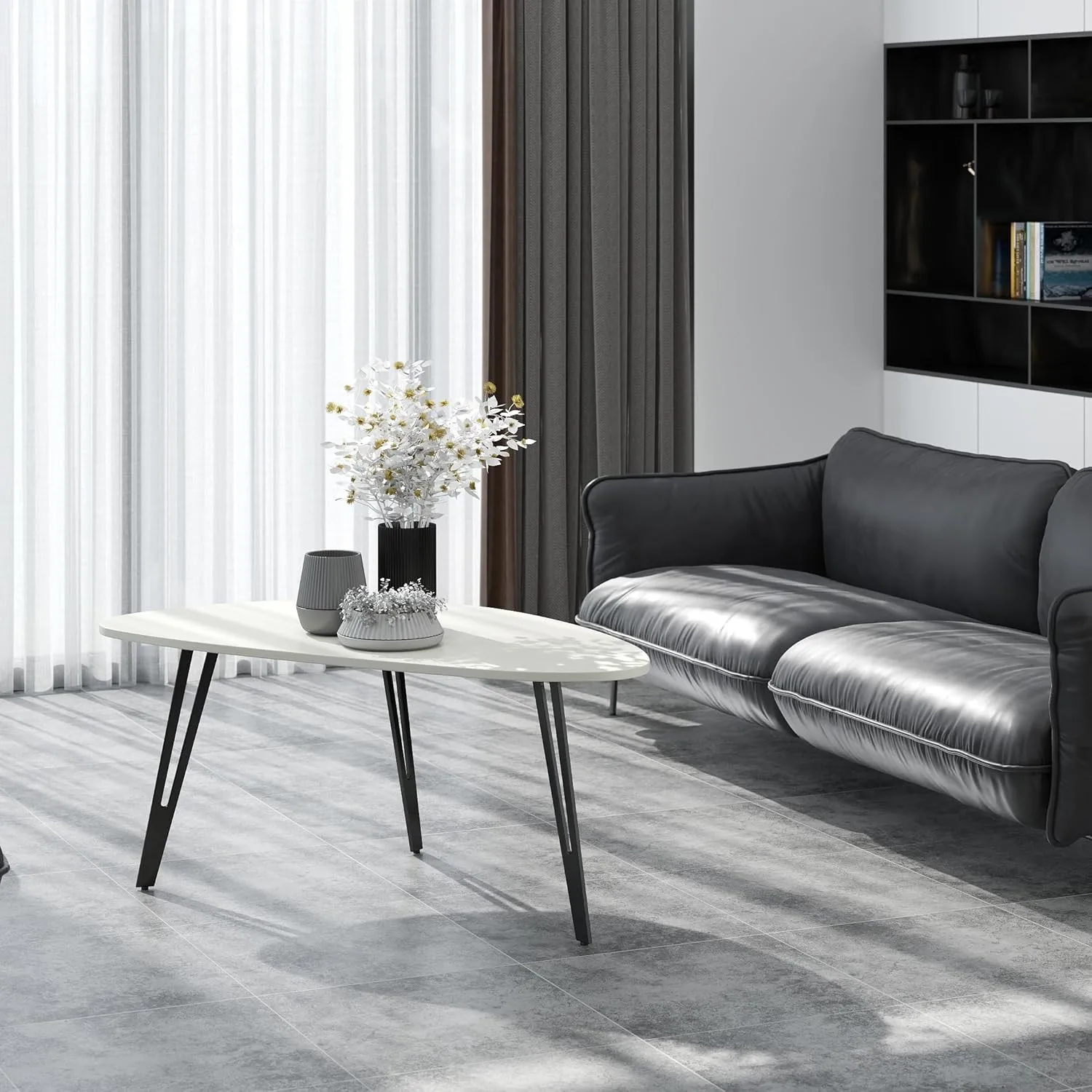 طاولات المقهى، طاولة قهوة بيضاوية بيضاء حديثة لغرفة المعيشة ومساحة المكتب، طاولة مركزية صغيرة أنيقة بتصميم أنيق #3