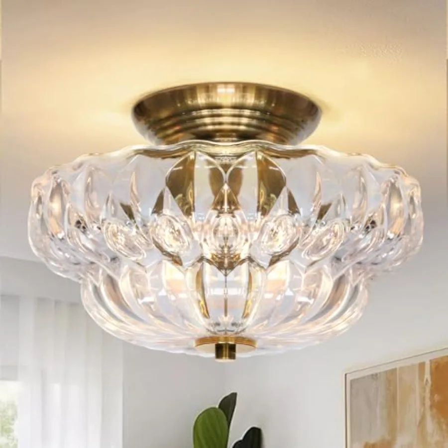 Semi Flush Mount Ceiling Light11IN Vintage Gold Hallway Lights Fixture 3-Bulb Globe Clear Glass Close to Ceiling Light for Bath