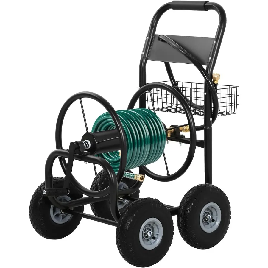 Heavy Duty Hose Reel Cart for Outdoor Garden Watering with 300ft Steel Hose Capacity 4 Wheels and Storage Basket Ideal for Lawn