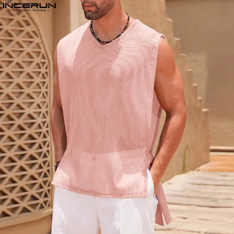 INCERUN Men Tank Tops Mesh See Through Sleeveless V Neck Lace Up Male Vests Summer Streetwear 2025 Sexy Fashion Men Clothing