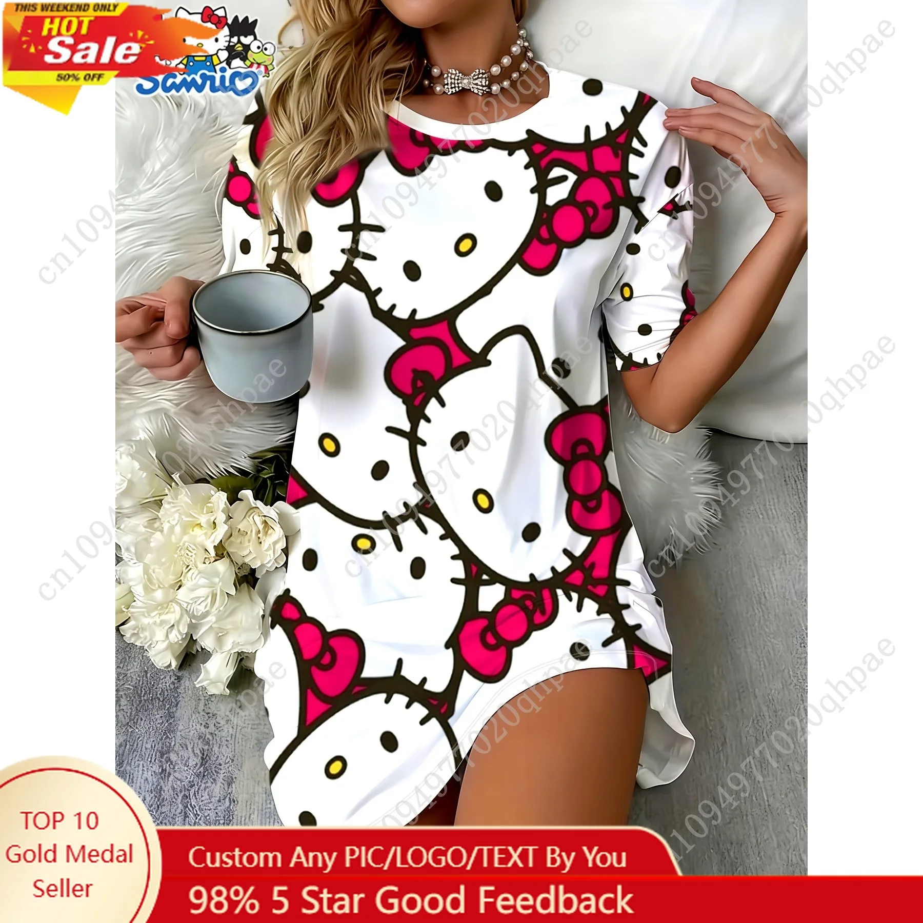 

Sanrio Hello Kitty Women'S Summer Short Sleeve Crew Neck T-Shirt Dress Casual Loose Comfortable Stretchy Sleepwear Cartoon Print