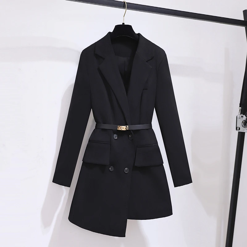 New Blazer Dress Spring Autumn Office Lady Suit Dress OL Black Women's Jacket Double Breasted Slim Waist Suit Coat Dress S-3XL