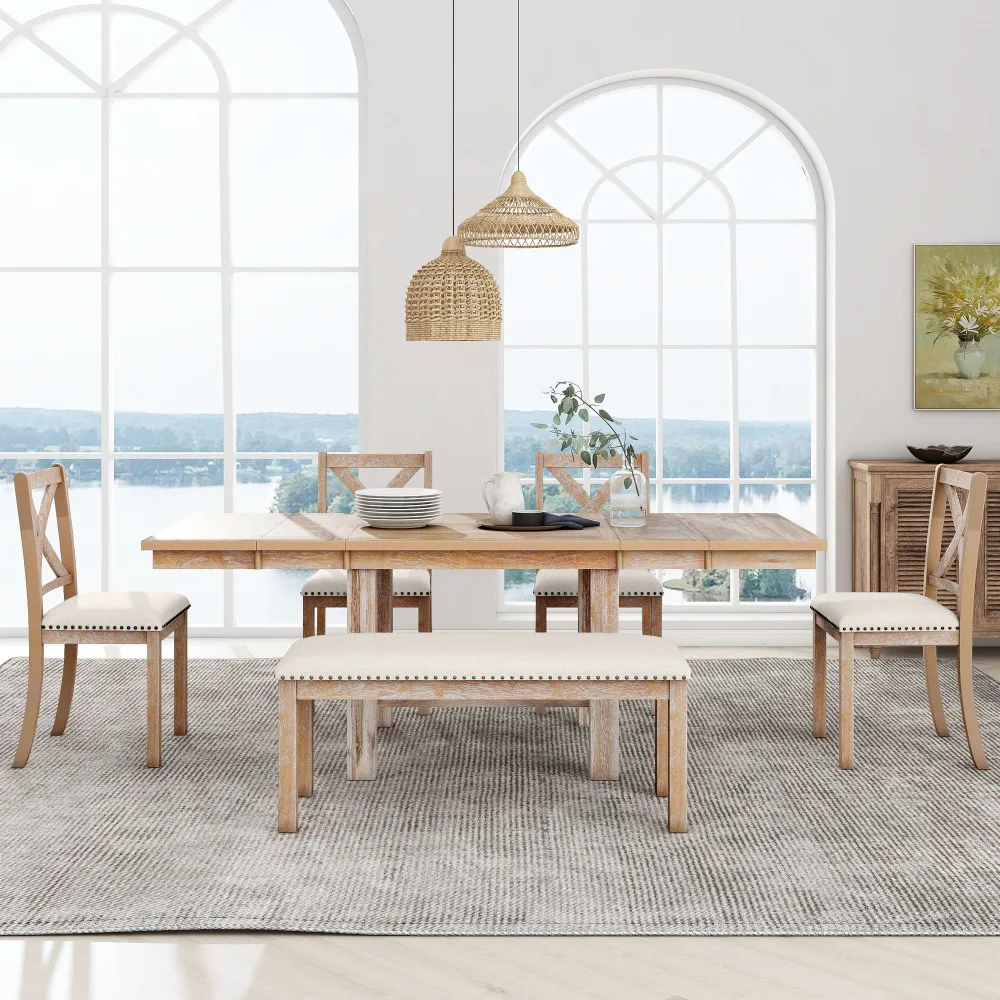 

Farmhouse 82inch 6-Piece Extendable Dining Table with Footrest, 4 Upholstered Dining Chairs and Dining Bench