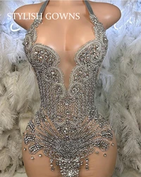 Silver Halter Short Prom Dress For Black Girl Beaded Crystal Diamond Birthday Party Dresses Mini Cocktail Homecoming Customized