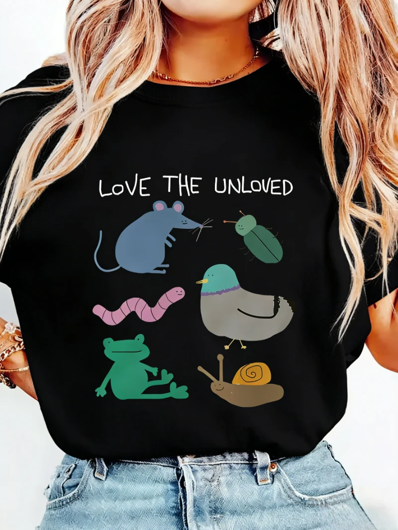 Love The Unloved Animal Graphic T-Shirt, Women T-shirt, Heartwarming Doves Mice Frogs Print, Versatile Spring Summer Fashion Tee