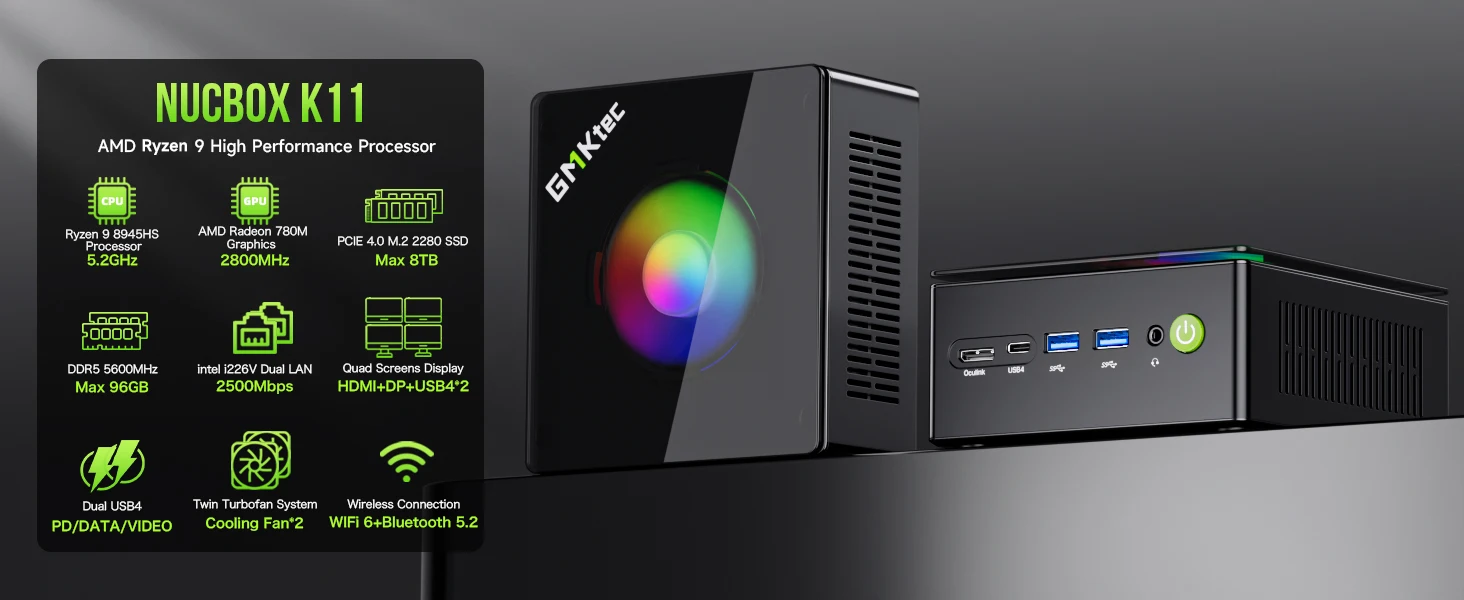 GMKtec Mini PC K11 K8 PLUS M7 AMD Ryzen R9 8945HS R7 8845HS 6850H Windows 11 WiFi6 2*DDR5 USB4.0 2.5G LAN OCulink Gamer Computer