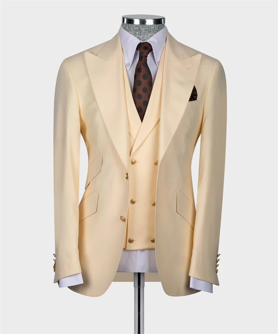 Smoking De Casamento De Botão De Ouro, Ternos Do Noivo Para Casamento, Festa De Baile, Blazer Colete e Calças, Conjunto De Terno De Homem Formal, Clássico, Bege, 3Pcs