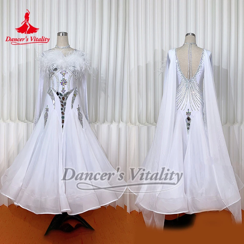 

Женский наряд для соревнований по бальным танцам, танго, фокстрот, белые, с длинными рукавами, в стиле перьев, профессиональные большие свободные платья по индивидуальному заказу