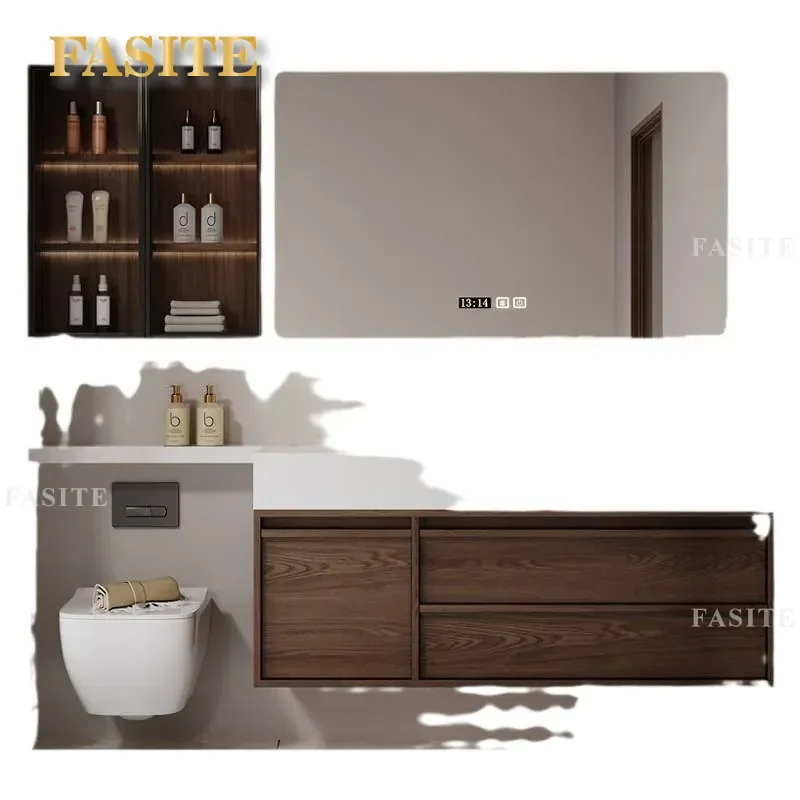 For Bathroom Solid Wood Vanity Cabinet with Rock Slab Seamless Basin Toilet Extension Washstand Hand Washbasin Combo Modern