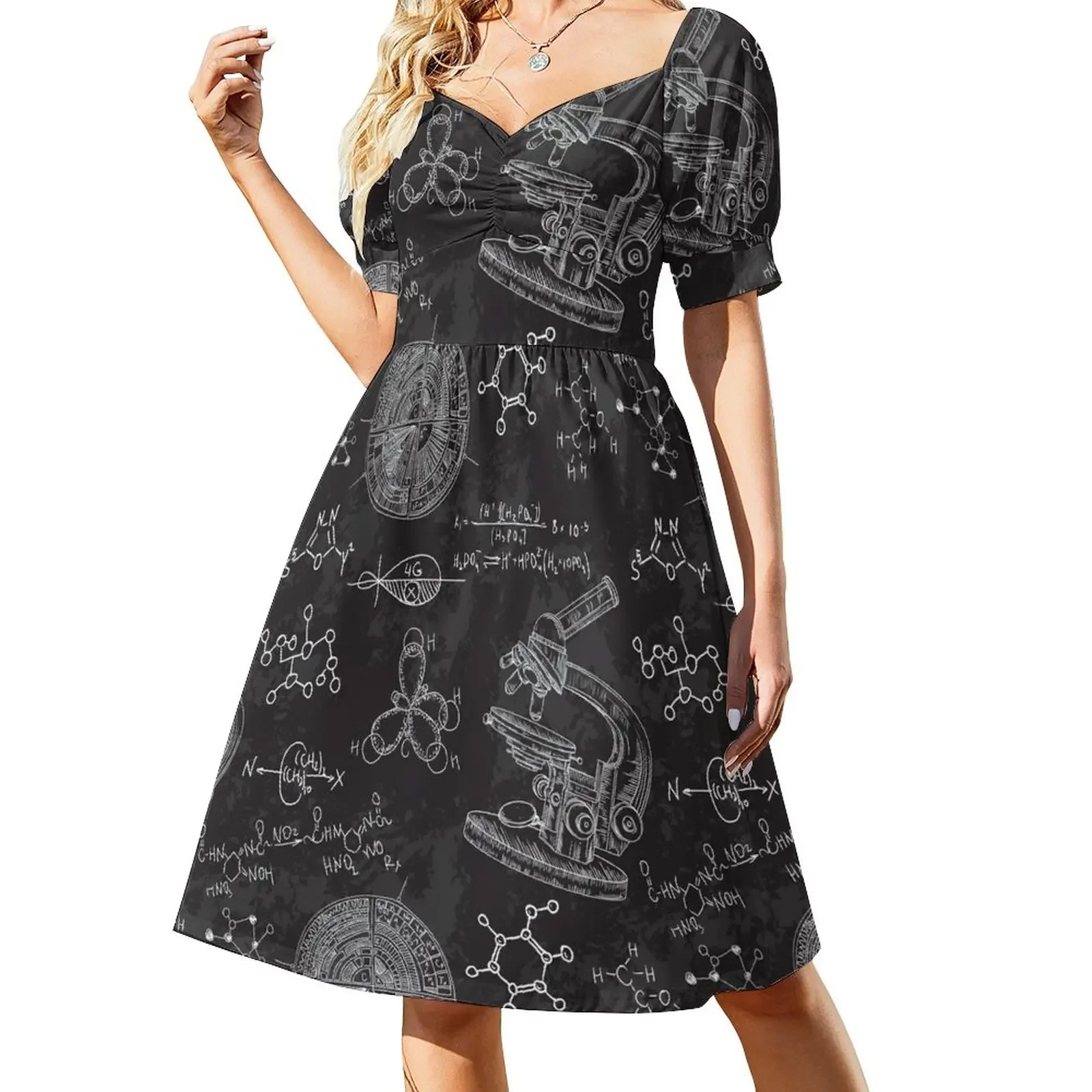 

Vintage seamless pattern old chemistry laboratory with microscope and formulas. Short-Sleeved Dress elegant guest wedding dress