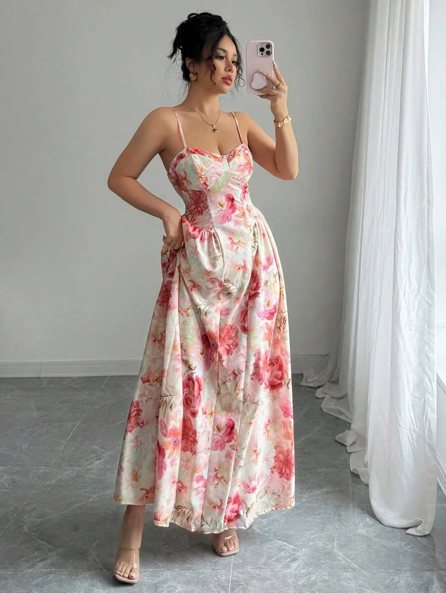 Letnia sukienka na ramiączkach damska z głębokim dekoltem, seksowna sukienka na ramiączkach, odkryte ramiona, modna, długa sukienka wieczorowa w stylu wróżki, długa sukienka na ramiączkach spaghetti.