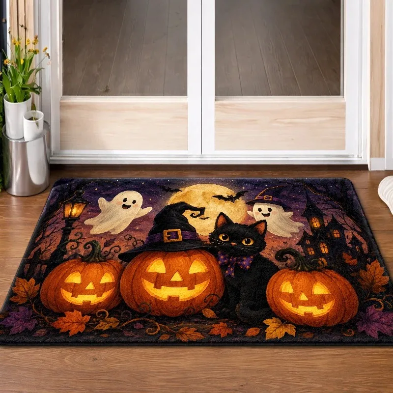 Cute Ghost Black Cat Pumpkin Halloween Doormat Trick or Treat Bat Polka Dot Print Indoor Entryway Floor Rug Holiday Carpet