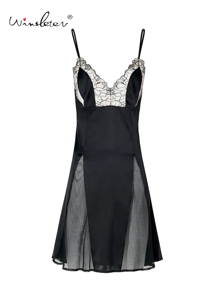Winsleter-Women 93%Silk 7%Spandex Elegant Nightgown, Sexy Deep V Neck, Hot Lace Suspender Strap Pajamas Dress, Summer P58701CC