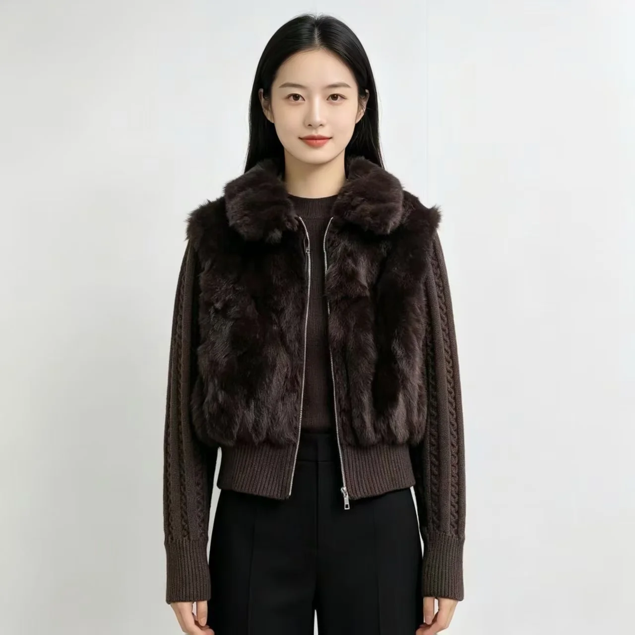 Women's Real Rabbit Fur Coat Autumn Winter Short Jacket Thick Warm Turn-down Collar Elegant Female Outerwear