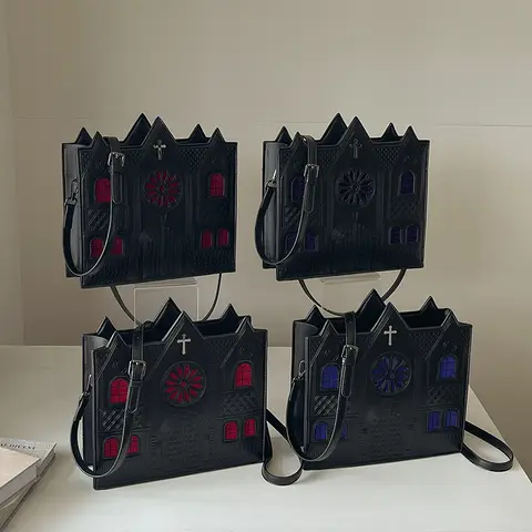 Women Gothic Castle Crossbody Bag, PU Novelty Church Handbag Punk Lolita Halloween Shoulder Purse