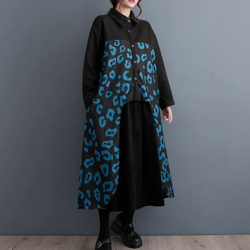 #6814 Black Printed Long Shirt Dress Women Pockets False Two Piece Irregular Midi Dress Female Turn-down Collar Vintage A-Line