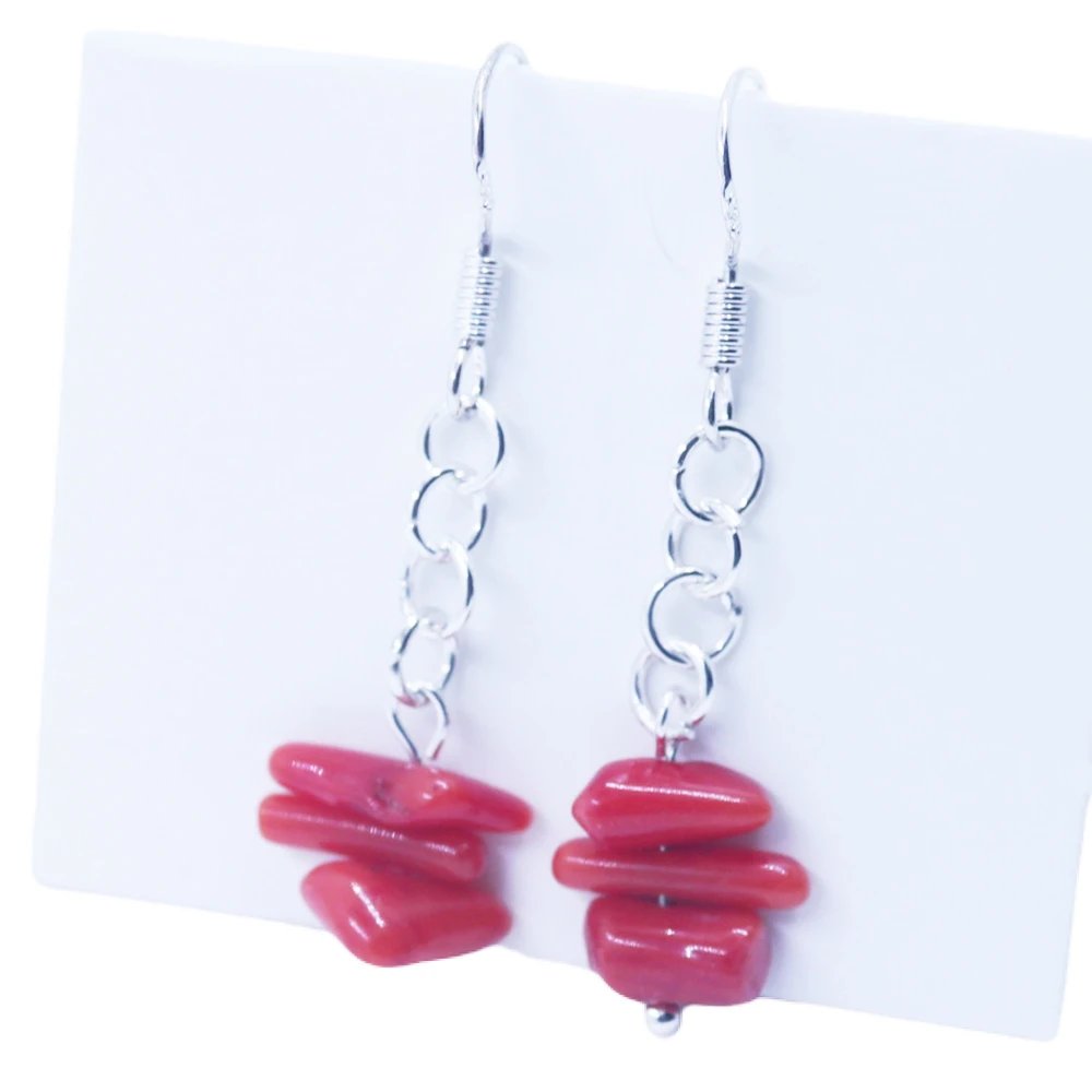 Handmade Red Coral Chip Dangle Earrings Fashion Jewelry Woman Gift Earring