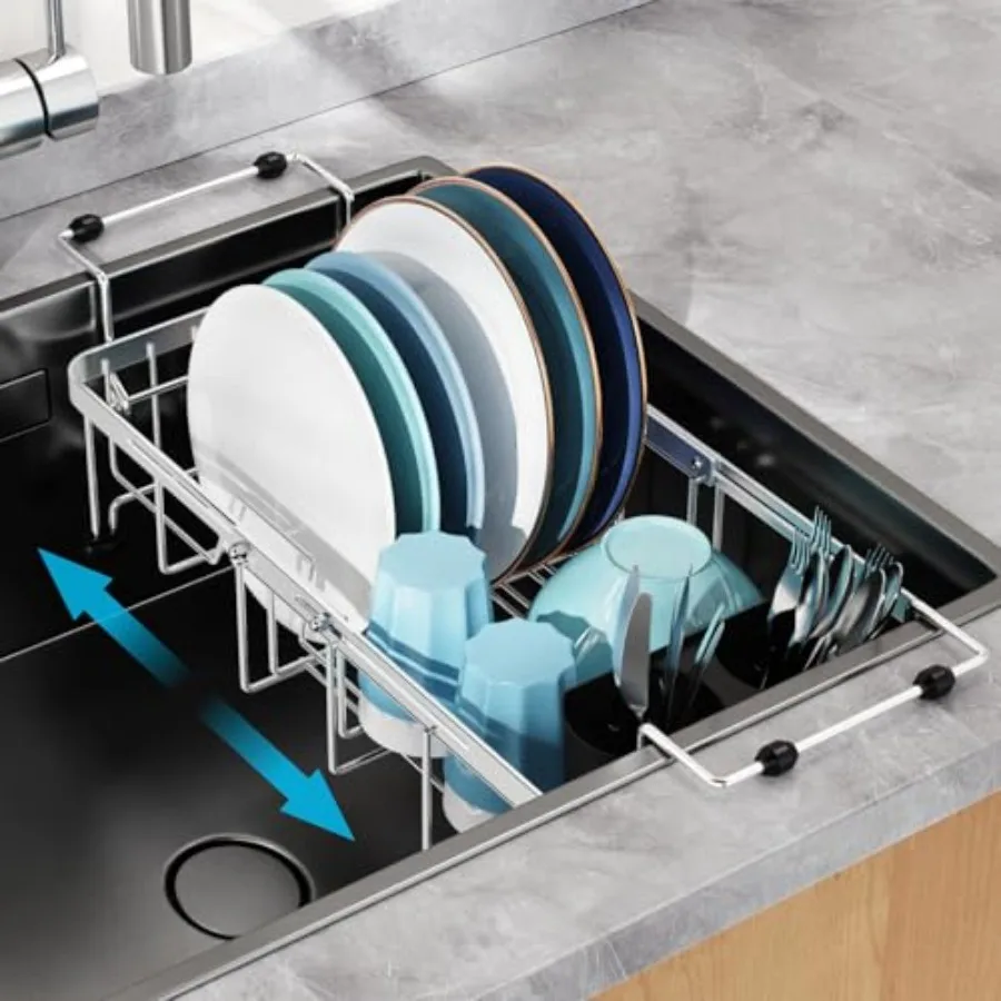 

Expandable in Sink Small Dish Drying Rack Stainless Steel Capacity Adjustable Over The Sink Dish Rack 12 16.8 with Utensil Hold