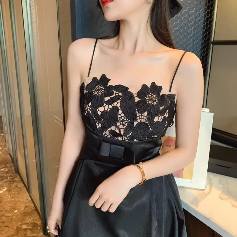 

Vintage Black Mesh Dress for Women Sleeveless High Waisted Lace Patchwork Bodycon Dresses Ladies Spaghetti Strapped Clothing