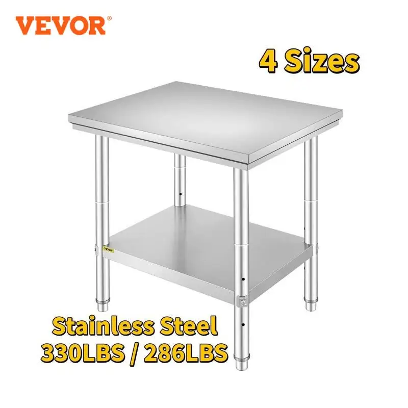 VEVOR Kitchen Work Bench Commercial Catering Table Worktable with Undershelf Stainless Steel 330LBS 286LBS for Restaurant Garage