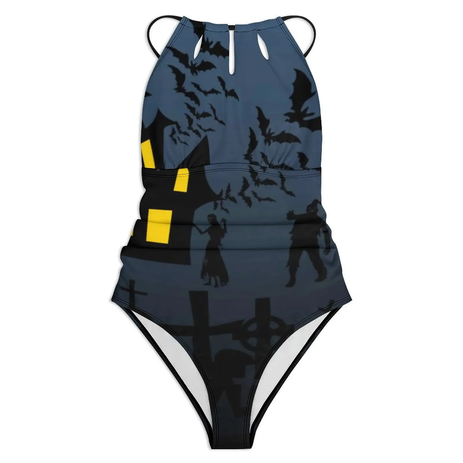 Halloween Bats Swimsuit Haunted House One Piece Swimwear Push Up Fashion Monokini Sexy Sport Graphic Bodysuit