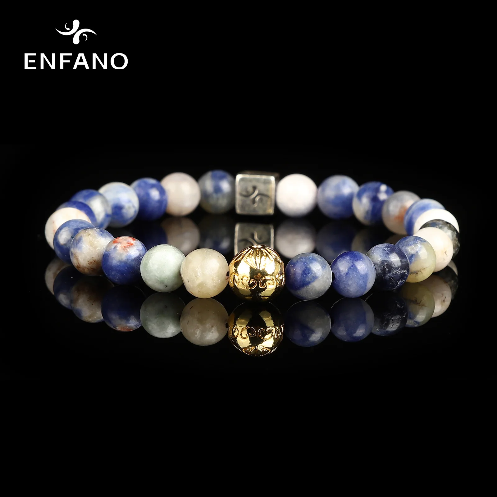 

ENFANO Blue Stone Bracelet 8mm Round Bead Bracelet Fashion Women Birthday Gift Size Name Text Personalized Custom Jewelry