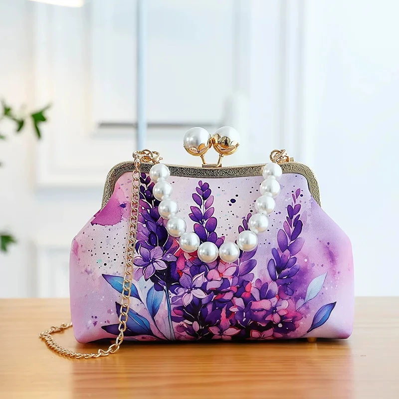 NEW Classic Romantic Purple Bags Lavender Rose Lily Magnolia Peony‌ Bag Bead Lock Women's Handbags Chain Women Crossbody Bag