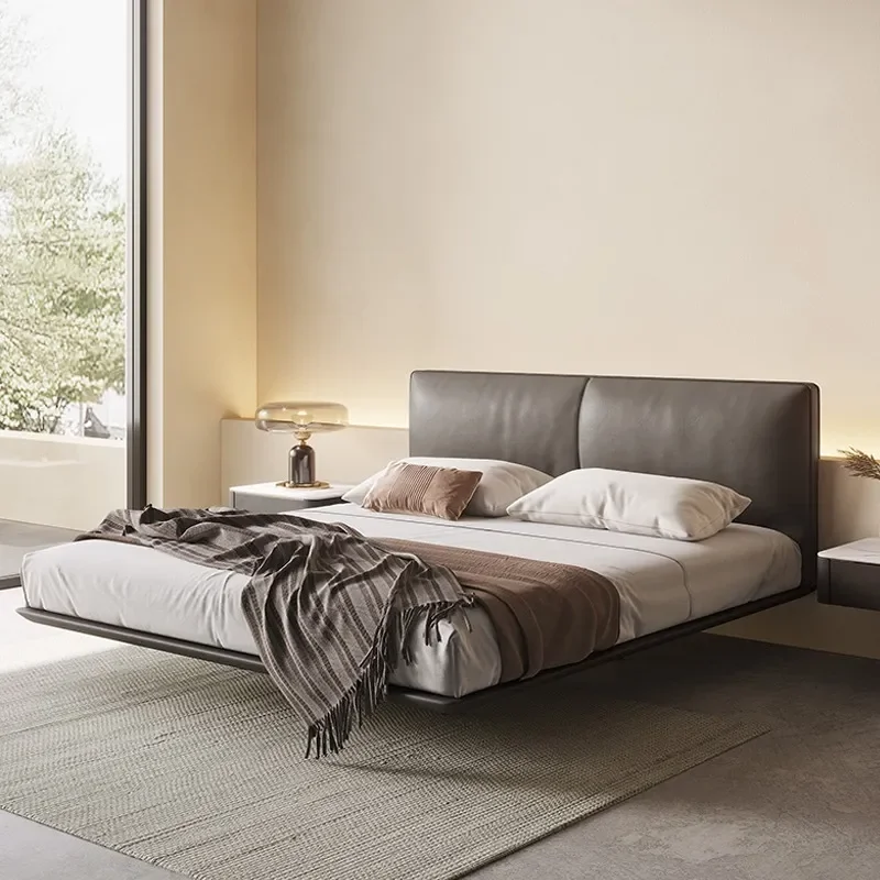 for Italian Minimalist Suspended Bed Small Apartment Flush Edge Master Bedroom Double Light Luxury Wedding Solid Wood 1.8m
