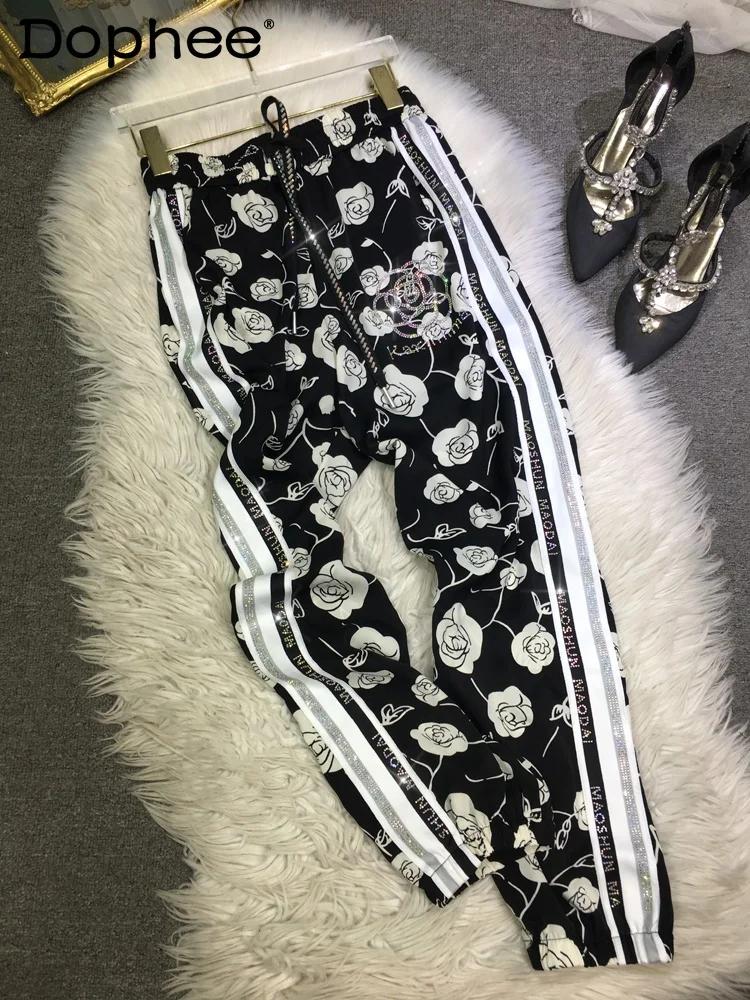 

Silky Satin Cool Ankle-Tied Sports Pants Summer Lightweight European Goods Heavy Industry Printed Rhinestones Trousers for Women