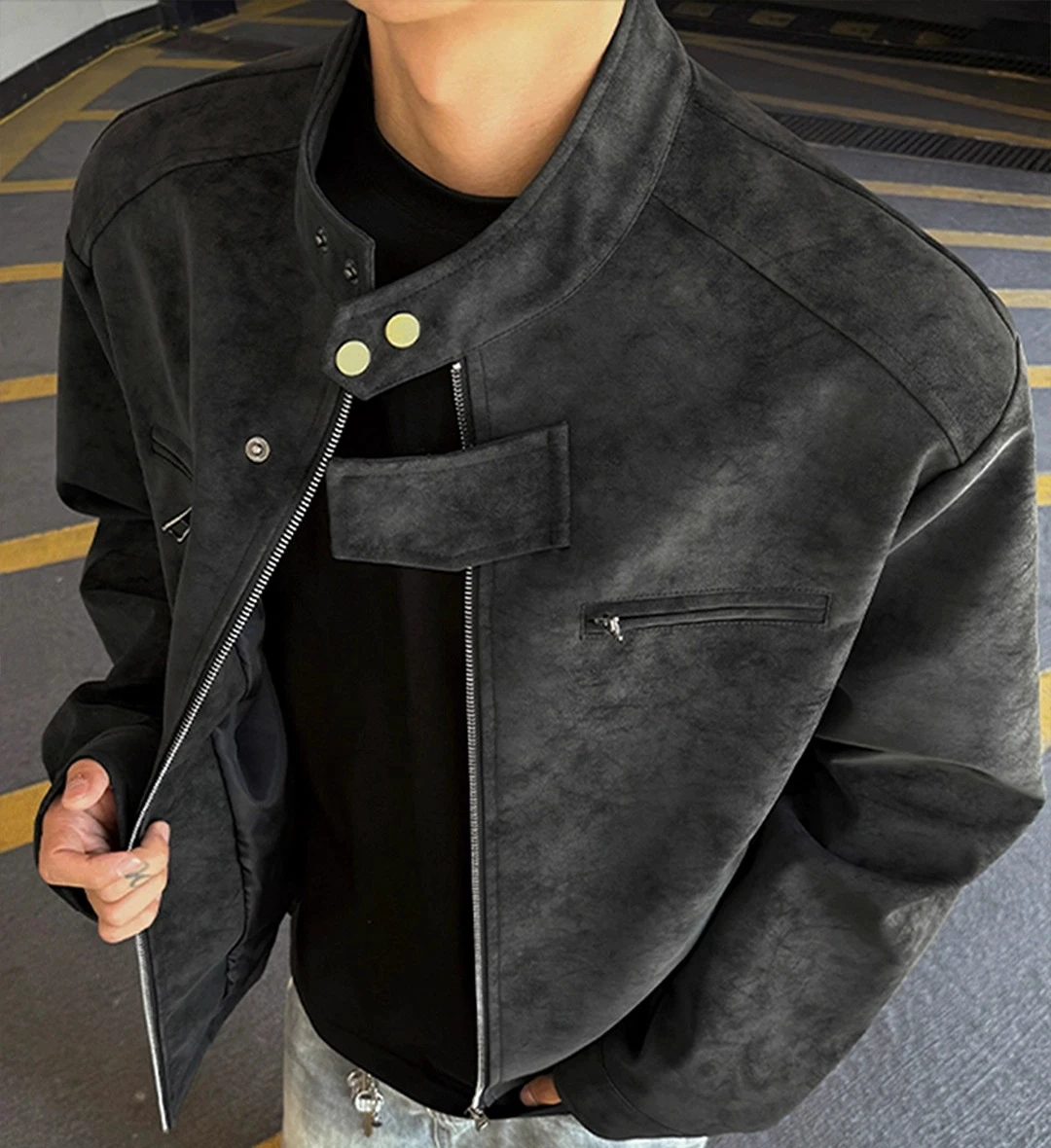 Men's 2025 Autumn New High-End Stylish Jackets Male Zipper Tie-Dye Motorcycle Faux Leather Jacket Long Sleeve Solid Color Coats