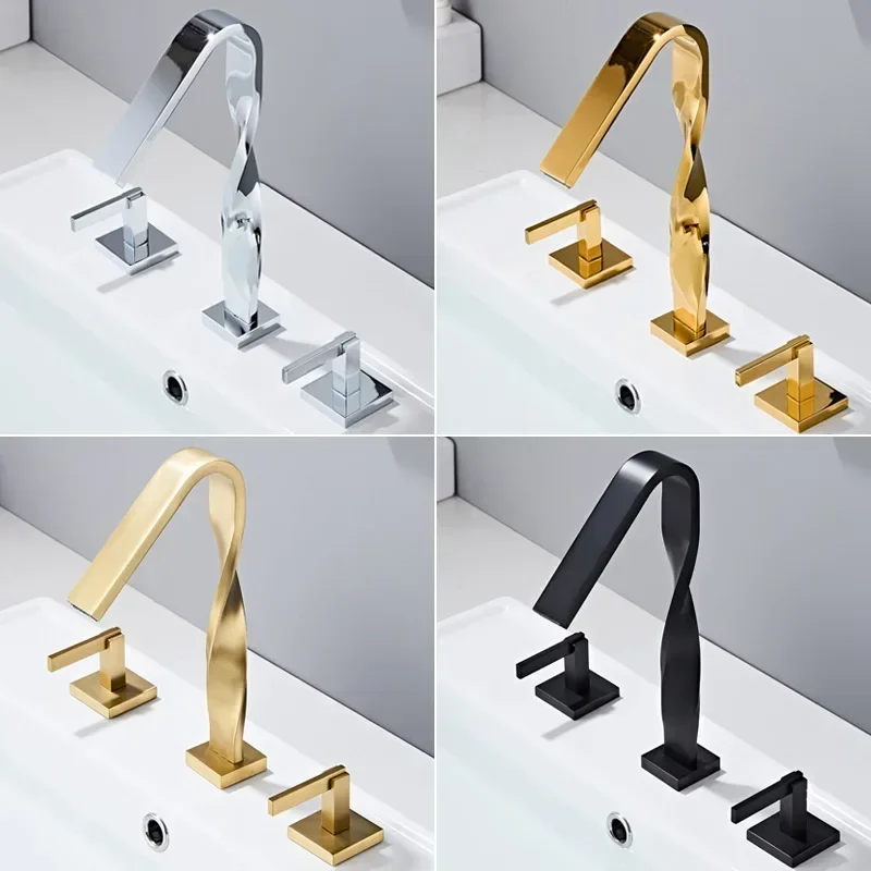 Light luxury all-copper creative three-hole washbasin faucet hot and cold water washbasin double handle split gold three-piece