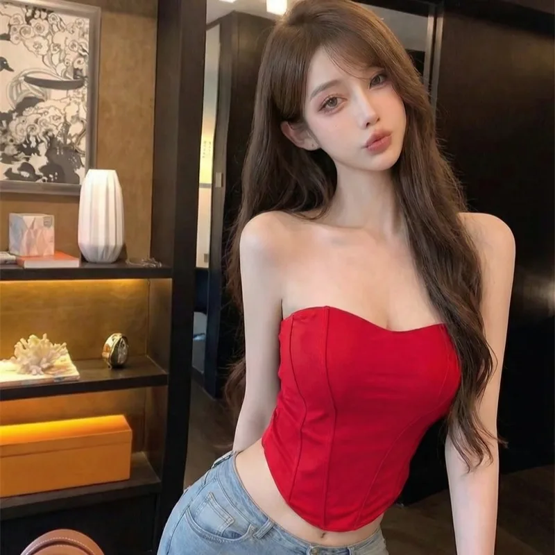 Fishbone Wrap Chest Women's 2026 Summer New Small Vest Sexy Slim Heart Collar Tube Top Chest Clothes with Chest Pad