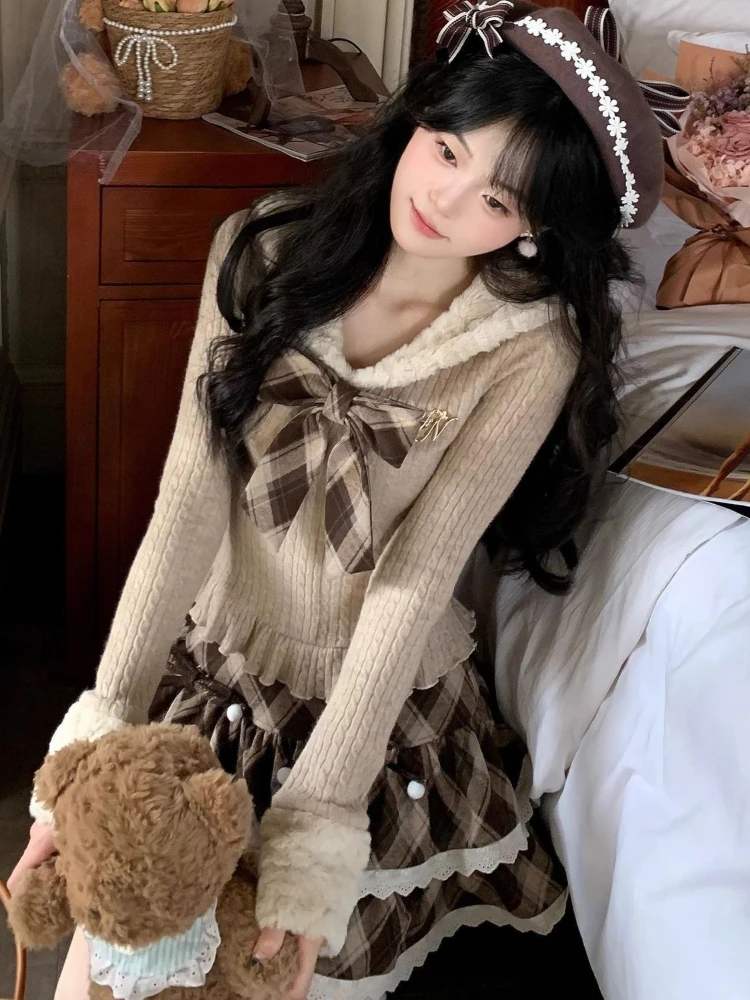 French Elegant Preppy Style 2 Piece Set Women Sweet Bow Knitted Tops + Plaid Mini Skirt Japanese Kawaii Y2k Lolita Lovely Outfit