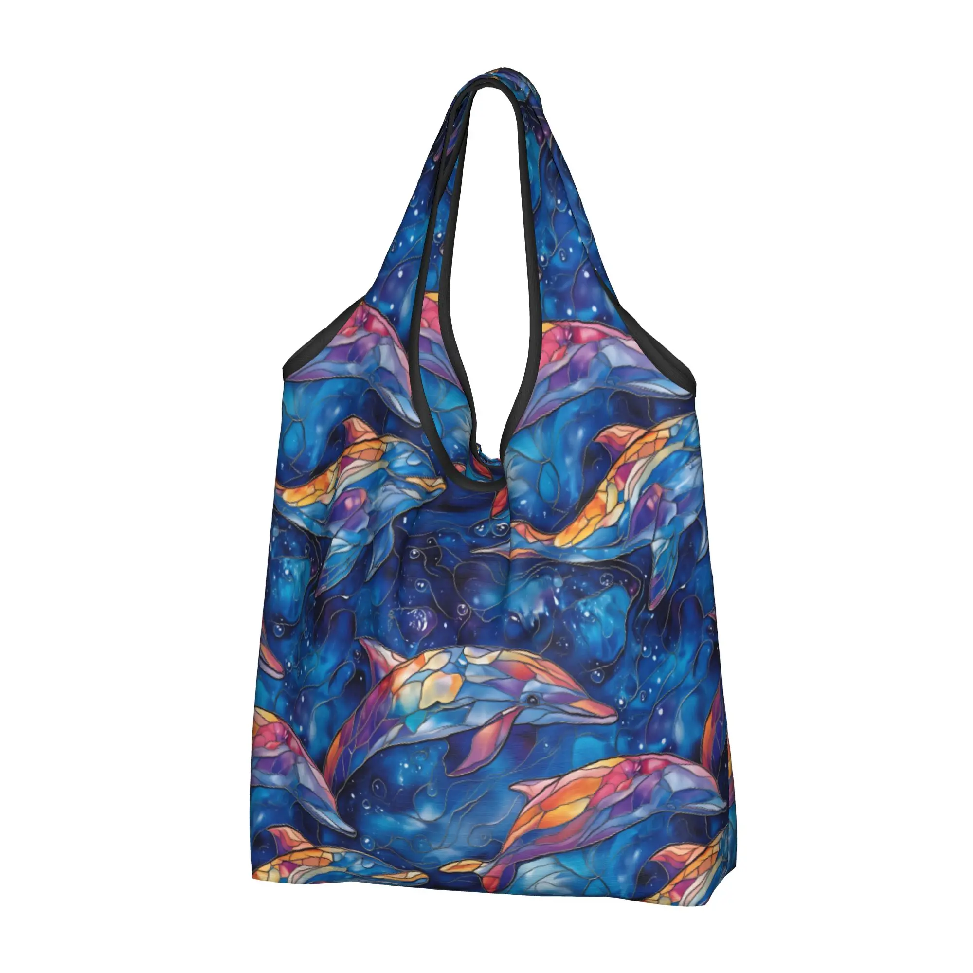 Kawaii Print Dolphins  Shopping Tote Bag Portable Shopper Shoulder Watercolor Stained Glass Mosaic Rainbow  Handbag