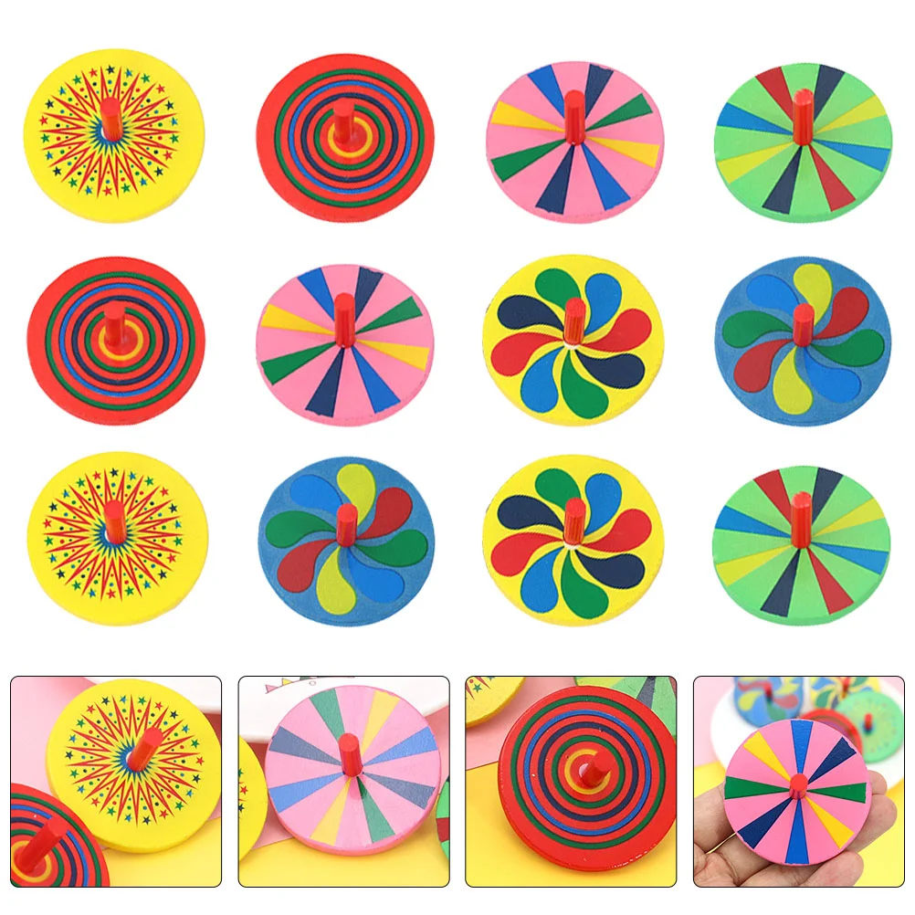12 PCS Small Spinning Toys Wooden Tops Gyro for Kids Children Puzzle Funny Playthings Rotating Colorful