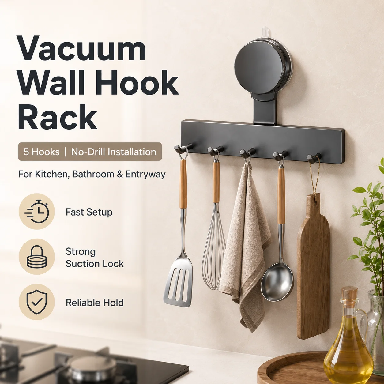 Suction Cup Wall Hook Rack No Drilling ABS Waterproof 3/5 Hooks for Kitchen Bathroom Towel Utensil Storage