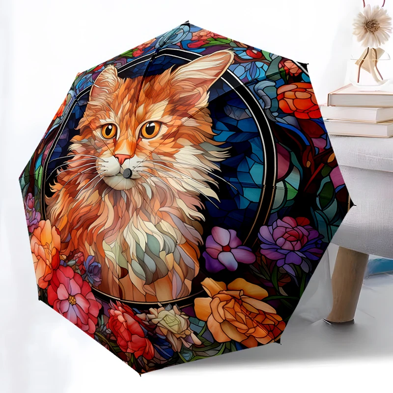 Stained Glass Cat Umbrella, Lightweight & Portable, 8-Rib Iron Frame, Perfect for Outdoor Travel, Home Accessory, Christmas Gift