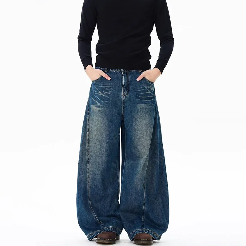 Vintage Black Washed Baggy Jeans Pants Men Wide Leg Curved Blade Pants Streetwear Cowboy Casual Denim Straight Trousers