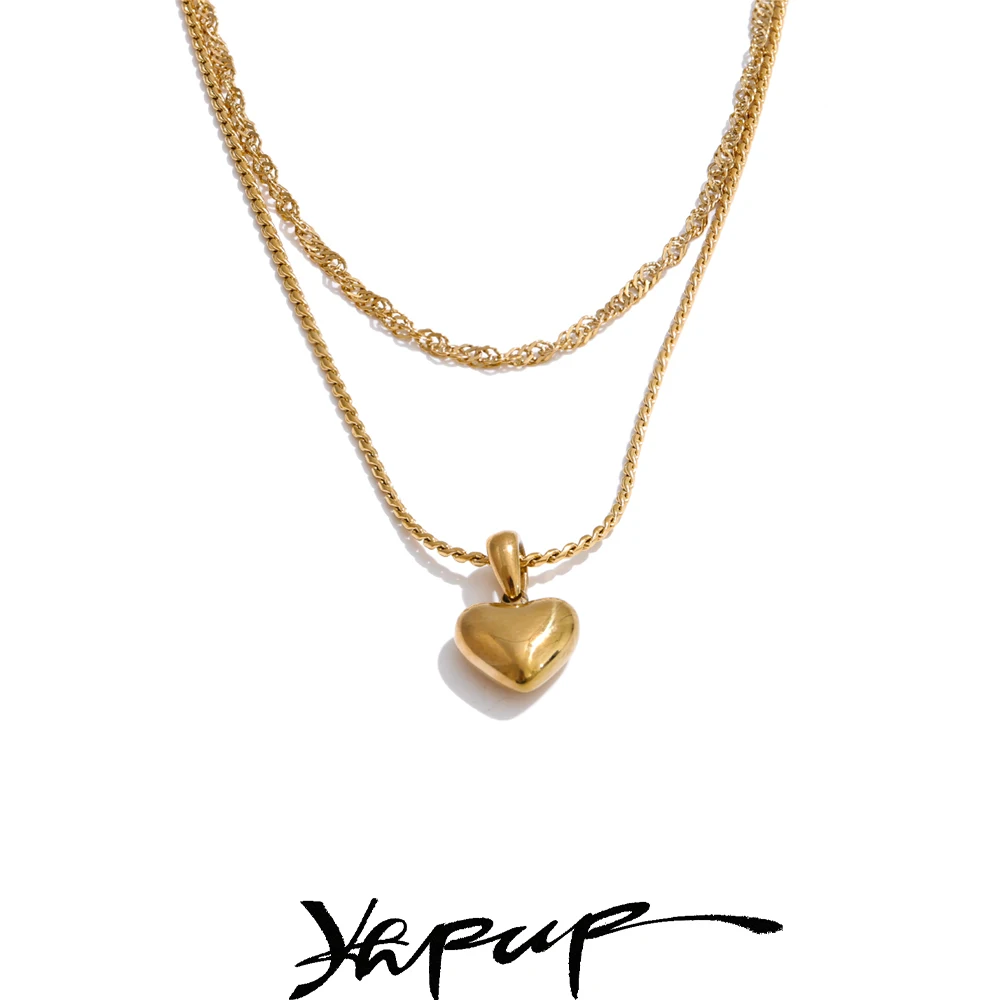 Yhpup Golden PVD Plated Stainless Steel Double-Layer Chain Heart Drop Korean Necklace 2025 Waterproof Charm Fashion Chic Jewelry