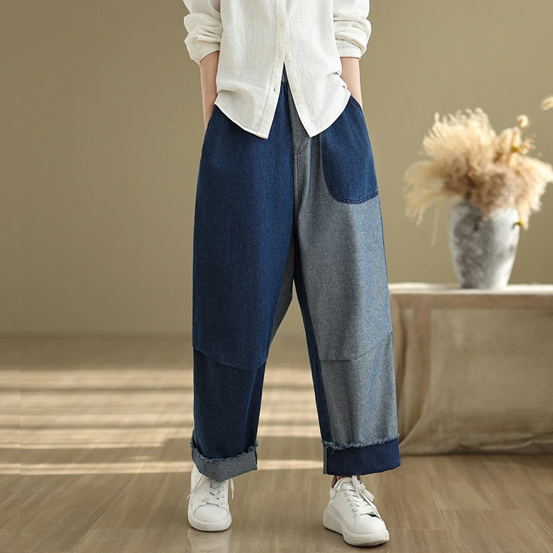 

Прямые джинсы в стиле ретро, женские весенние джинсы с эластичной резинкой на талии, большие размеры, модные утягивающие широкие длинные брюки