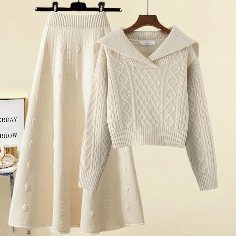 

plus Size Women's Casual Knitted Set Conceal Fluffy Meat High Waist Midi Skirt Long Sleeve V-Neck Sweater Two-Piece Suit