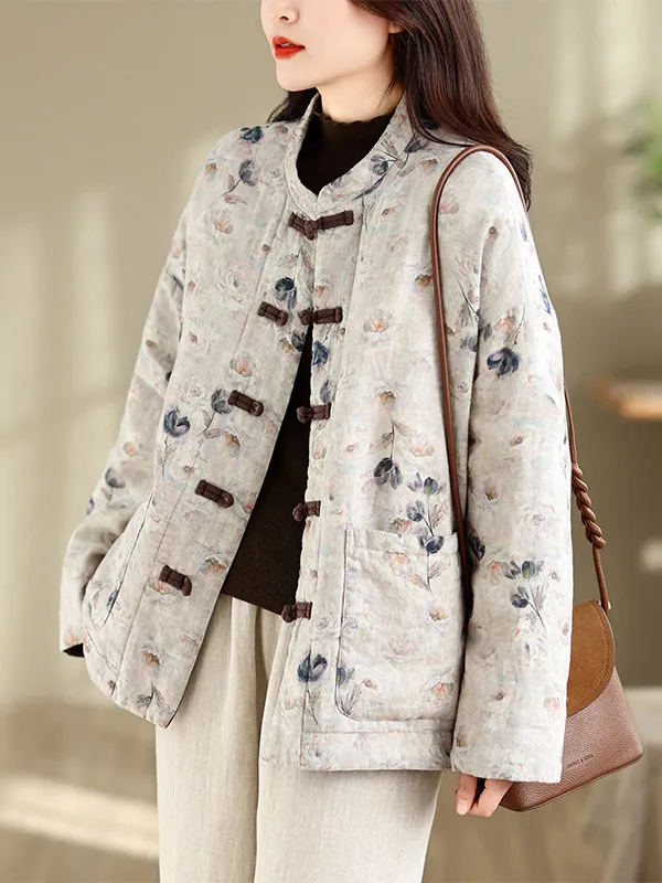 Retro Stand Collar Oversized Casual Floral Embroidery Chinese Style Open Cardigan Women's plus Size Cotton Jacket