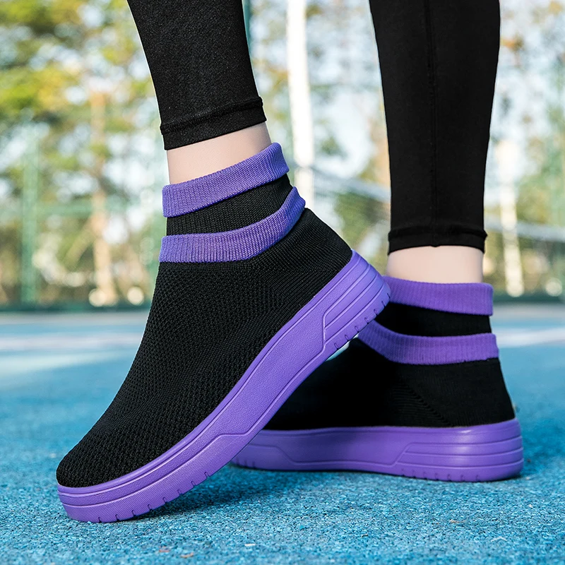 High Top Knit Running Shoes Men Trendy Purple Slip-on Breathable Socks Sneakers Women Outdoor Casual Platform Men\'s Sports Shoes