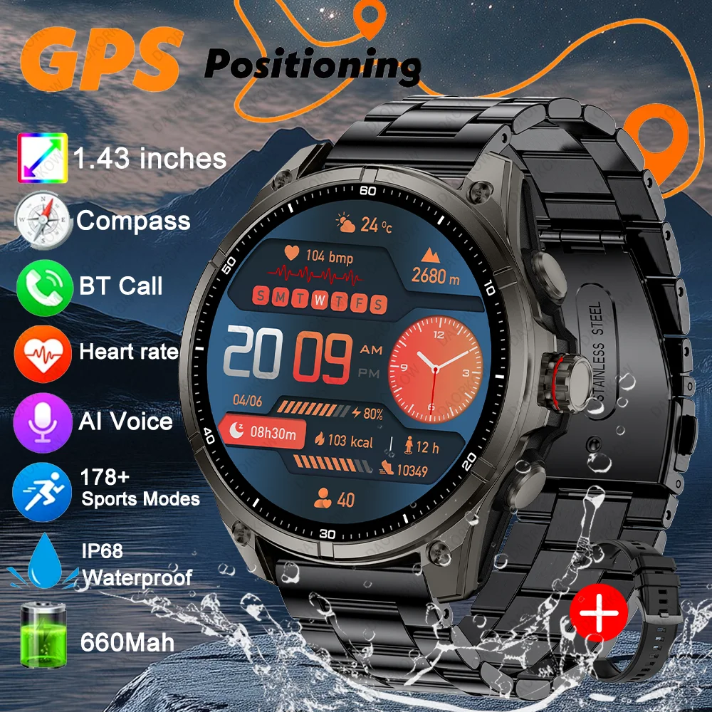 

2025 НОВЫЕ GPS Смарт-часы для спорта на открытом воздухе, умные часы, компас, высотомер, барометрический 10 АТМ, IP69K, водонепроницаемый мужской браслет AMOLED