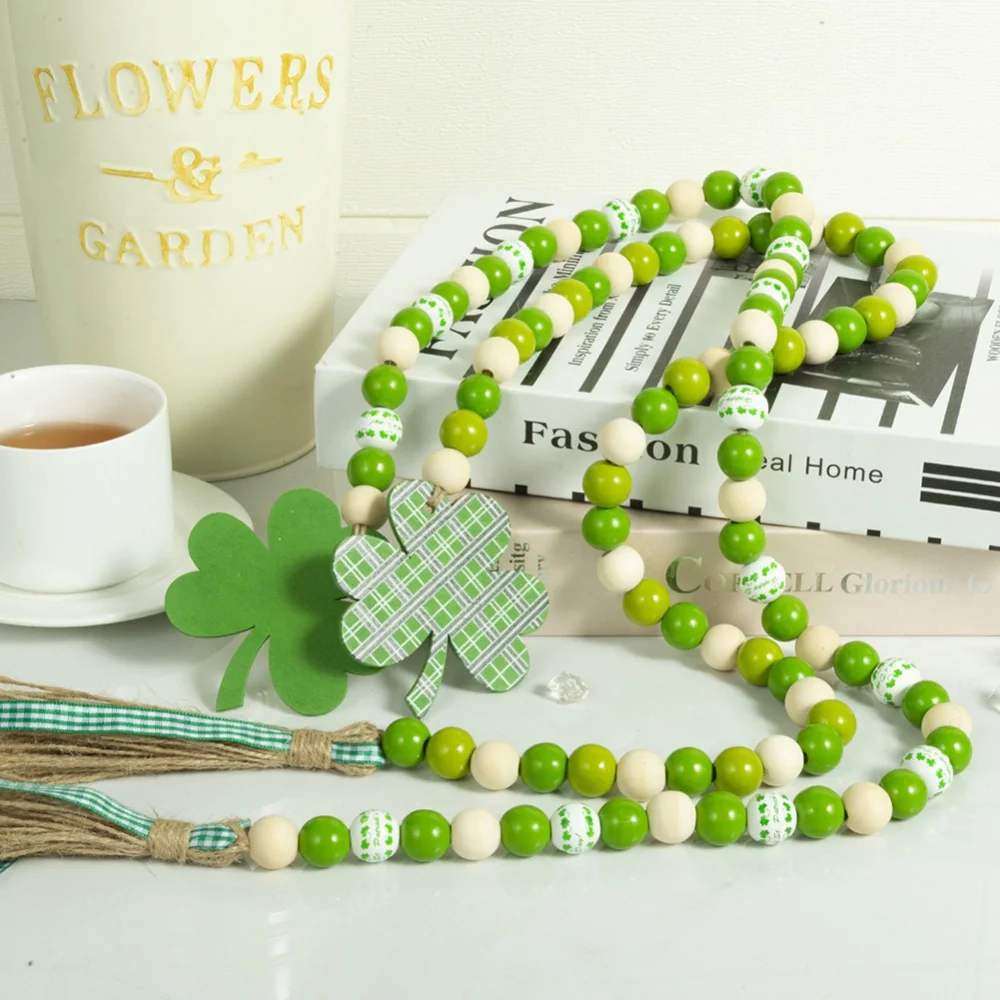 2023 Easter St.Patrick Day Wood Bead Garlands With Tassel Farmhouse Rustic Country Wood Bead Boho Garlands For Tiered Tray Decor